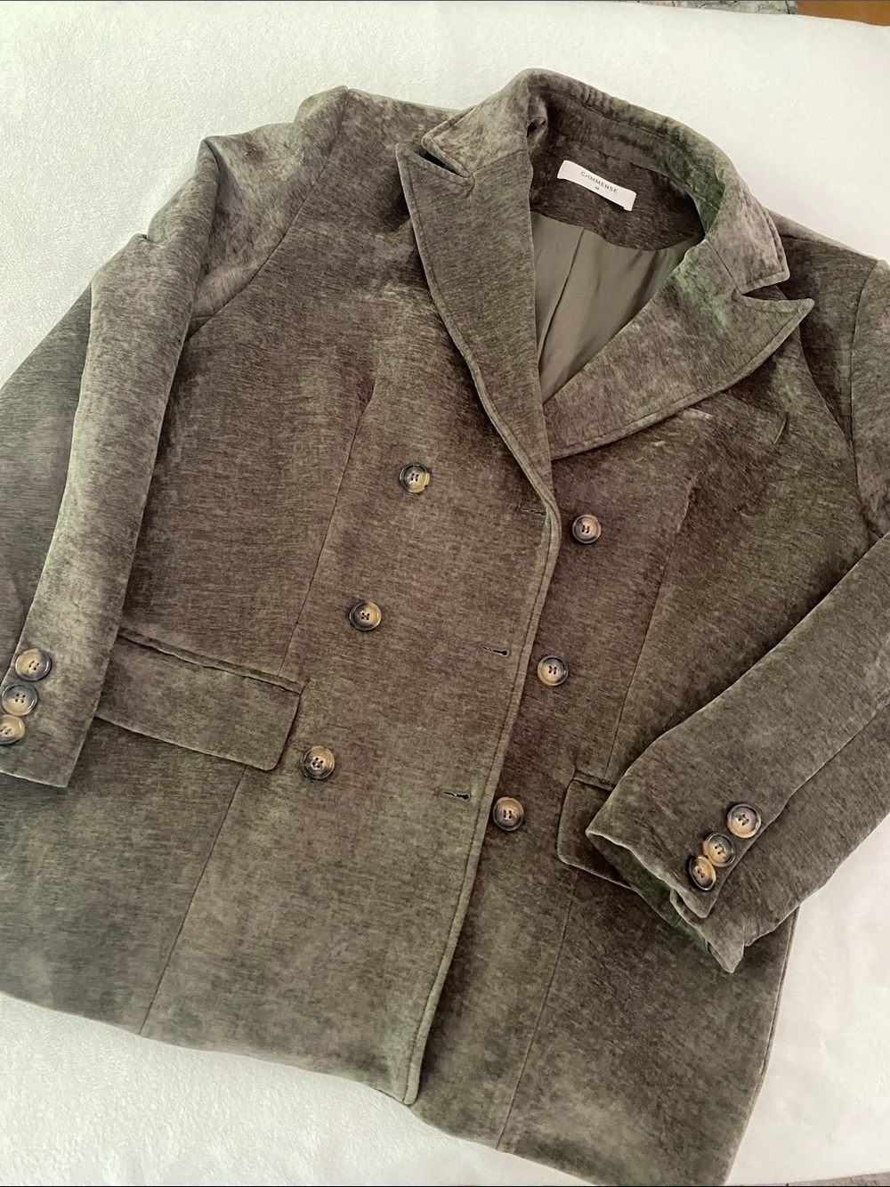 Commense Olive Green Velvet Double-Breasted women Blazer
